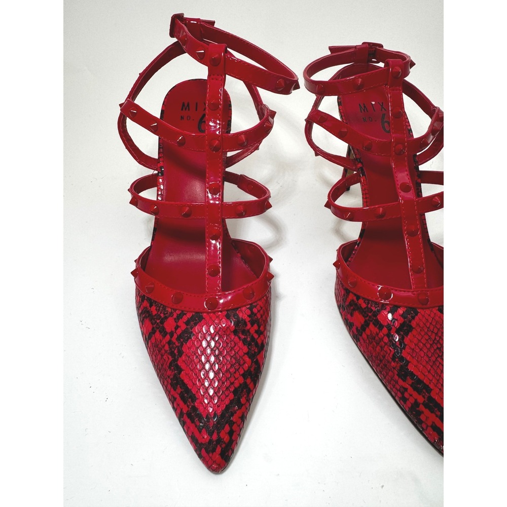 Mix No. 6 Womens 9.5 Red Snakeskin Caged Studded Pointed Toe Stiletto Pumps - Picture 4 of 8